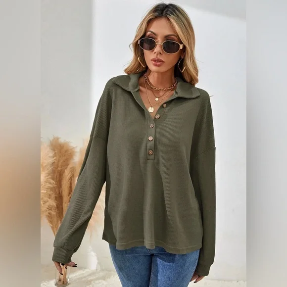 SHEIN long sleeve half button drop shoulder tee in army green size small - Picture 2 of 7